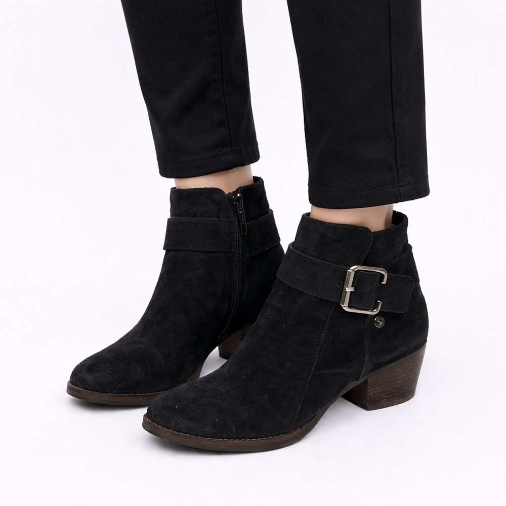 Paul Green Buckle Ankle Boots Women's Size 7.5 Black Suede Side Zip Block Heel
